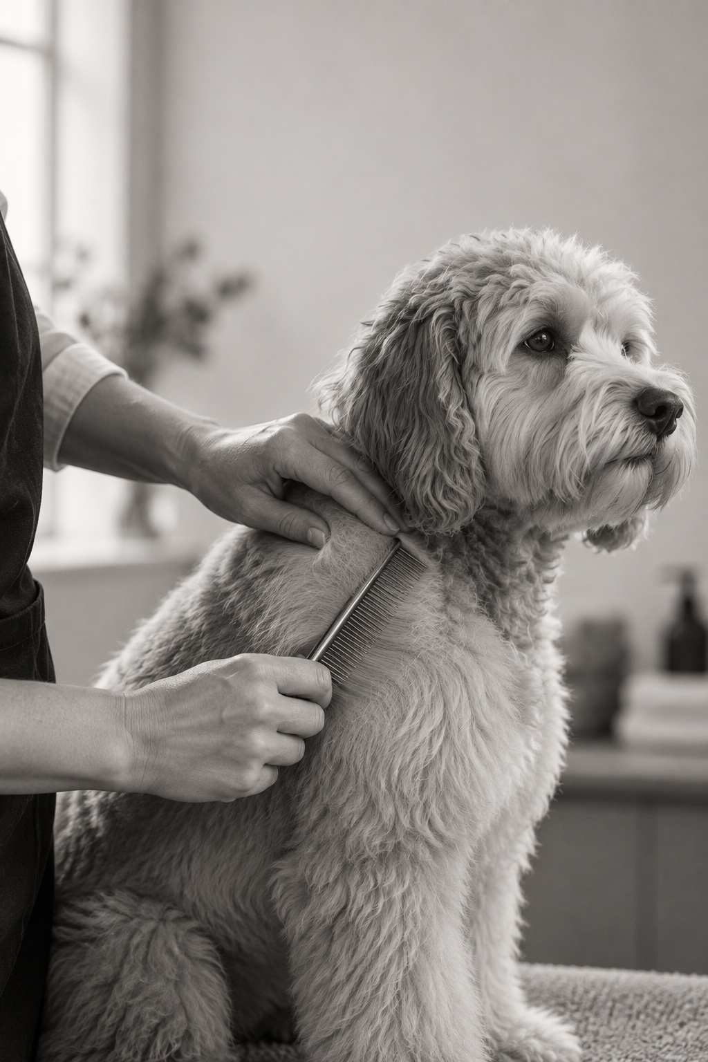 A groomer gently combing a dog's coat