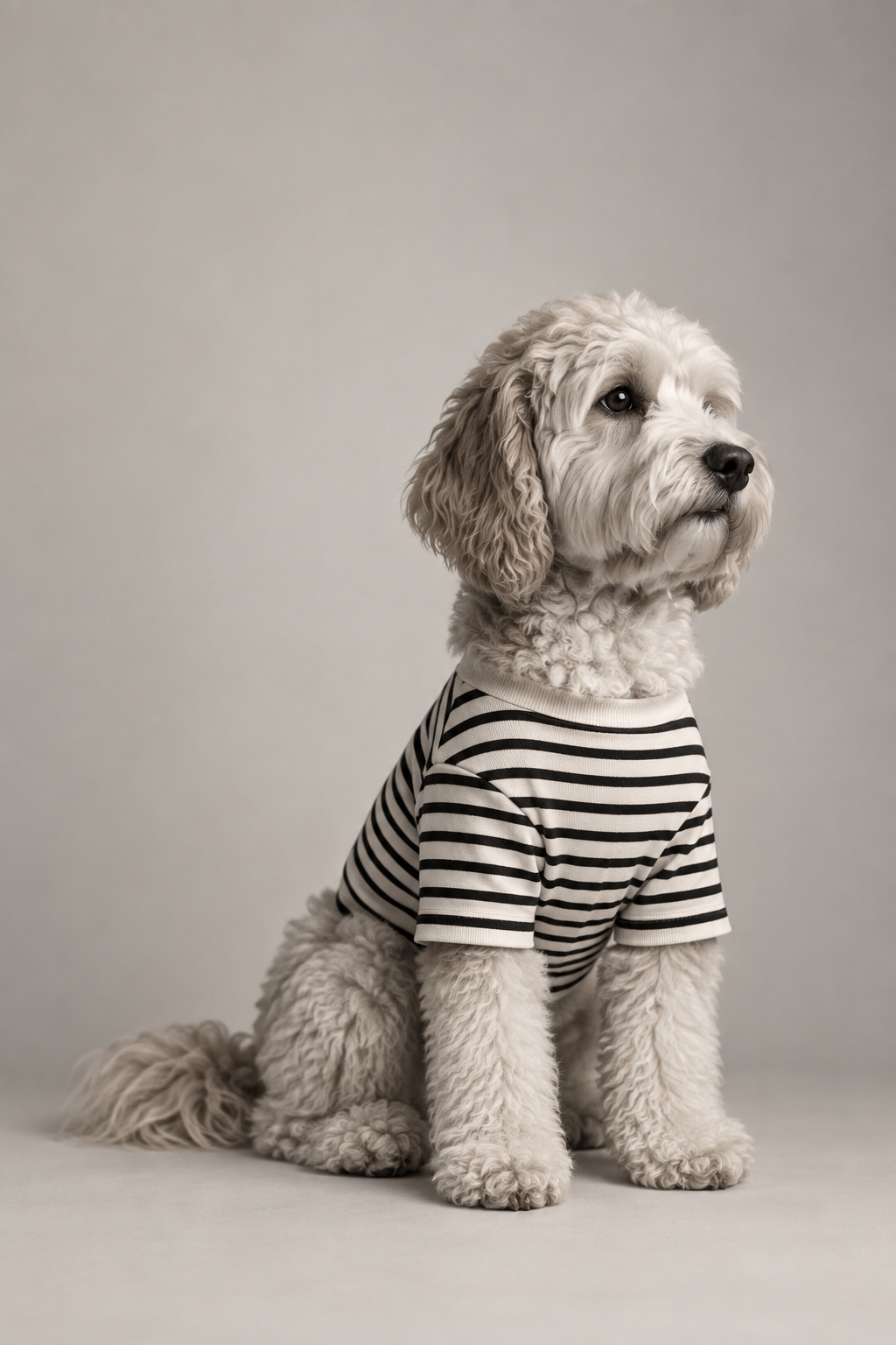 A beautifully groomed cream dog in a striped top