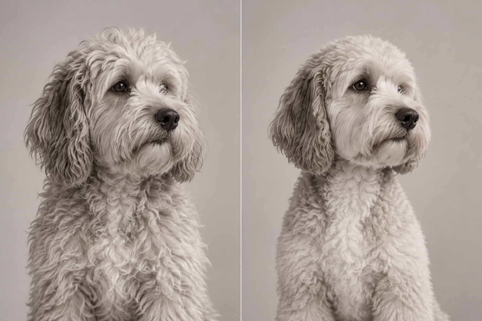 A curly-coated dog shown before and after a groom
